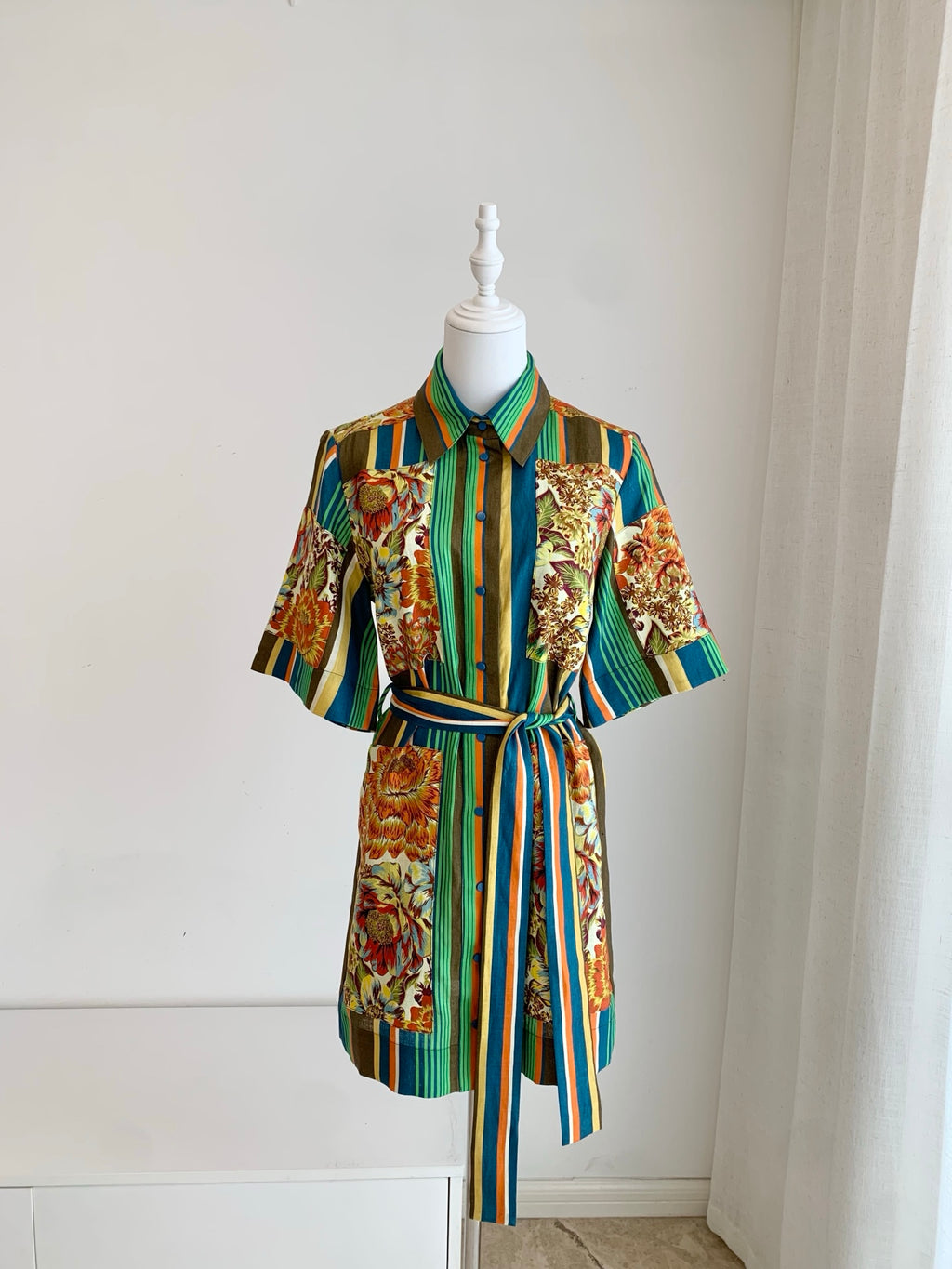 2026 SS Stripe Floral Patchwork Shirt Dress