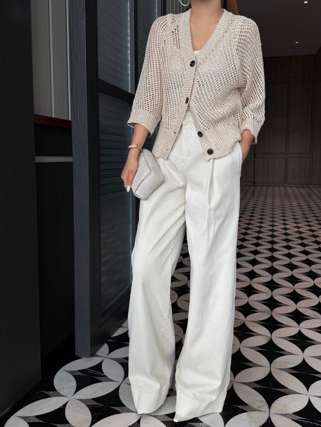 Openwork Knit V-Neck Cardigan