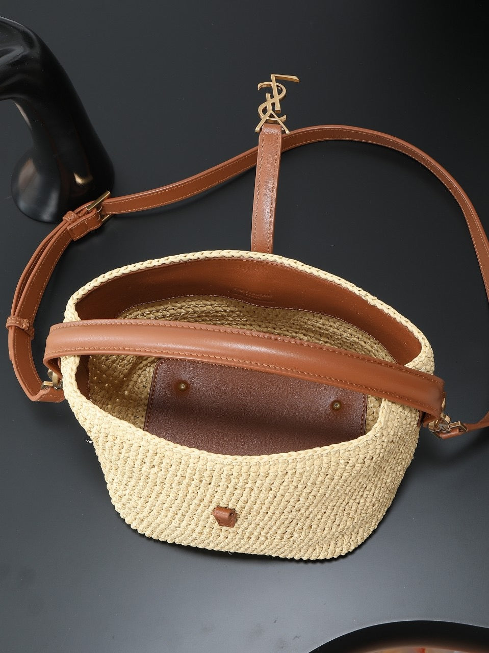 Raffia Woven Bucket Bag | Beige | Calfskin Trim (Premium quality)