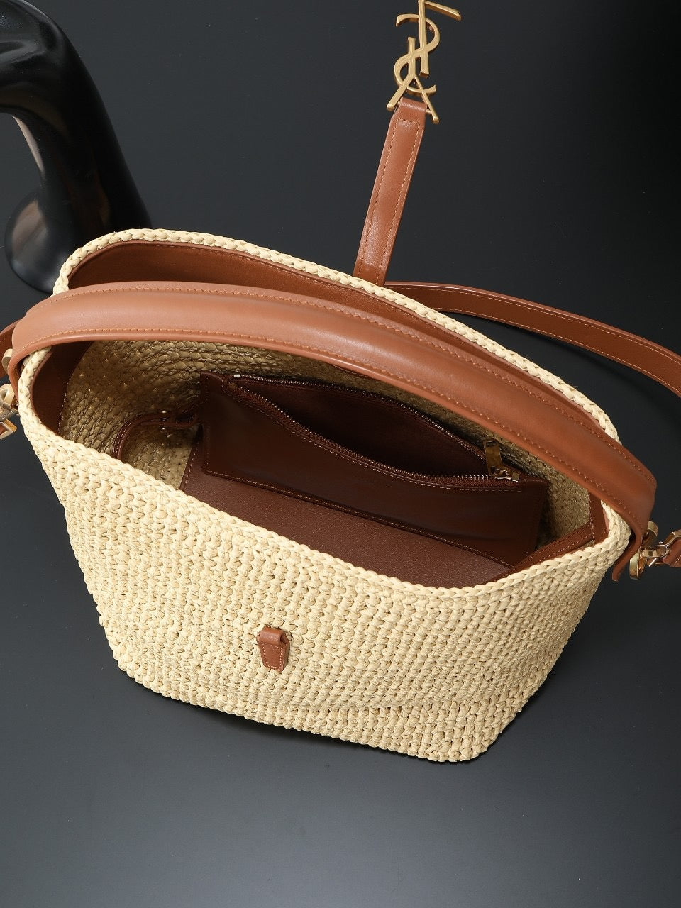 Raffia Woven Bucket Bag | Beige | Calfskin Trim (Premium quality)