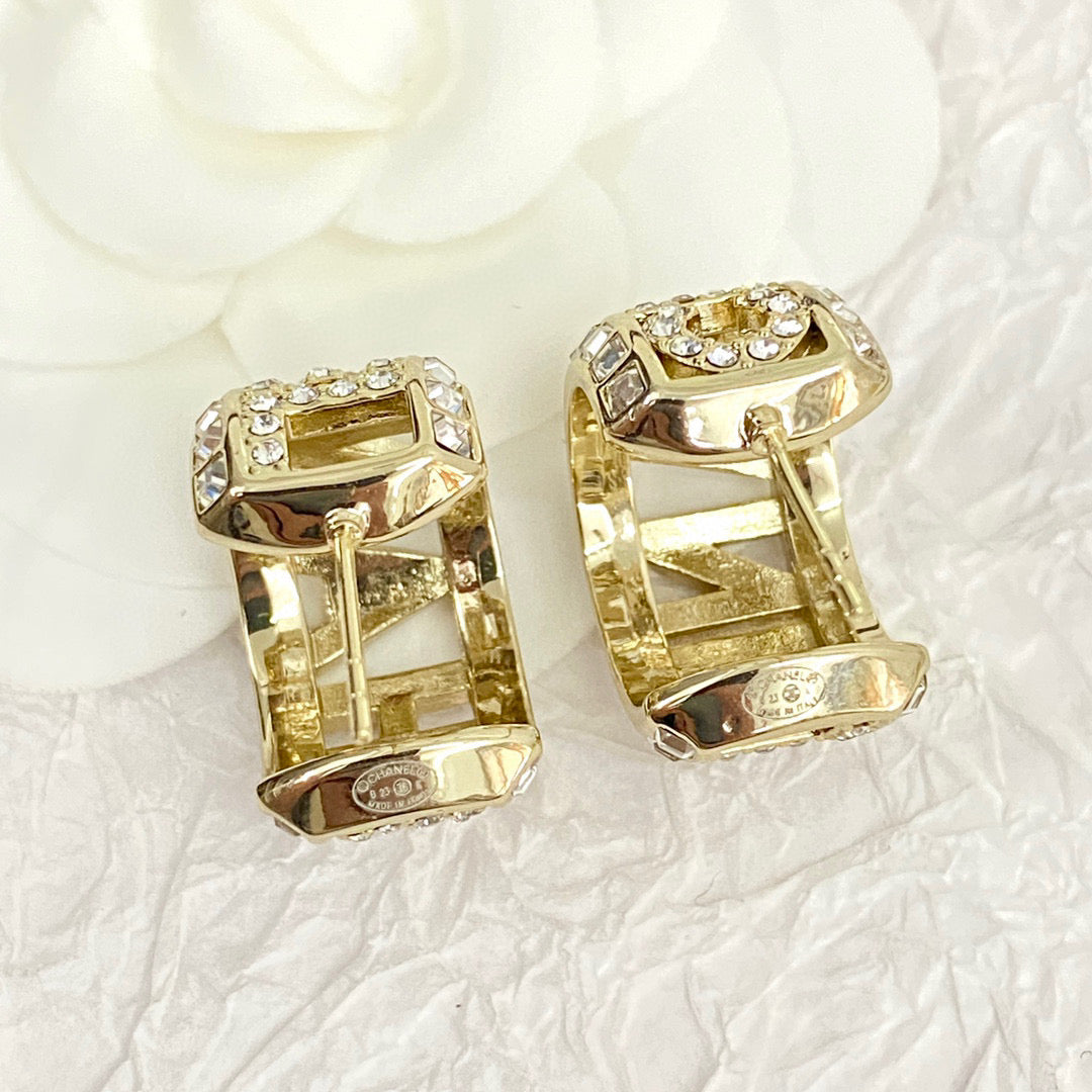 Cha*ne*l 23 Full Diamond Hollow Letter CC Earrings