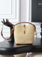 Raffia Woven Bucket Bag | Beige | Calfskin Trim (Premium quality)