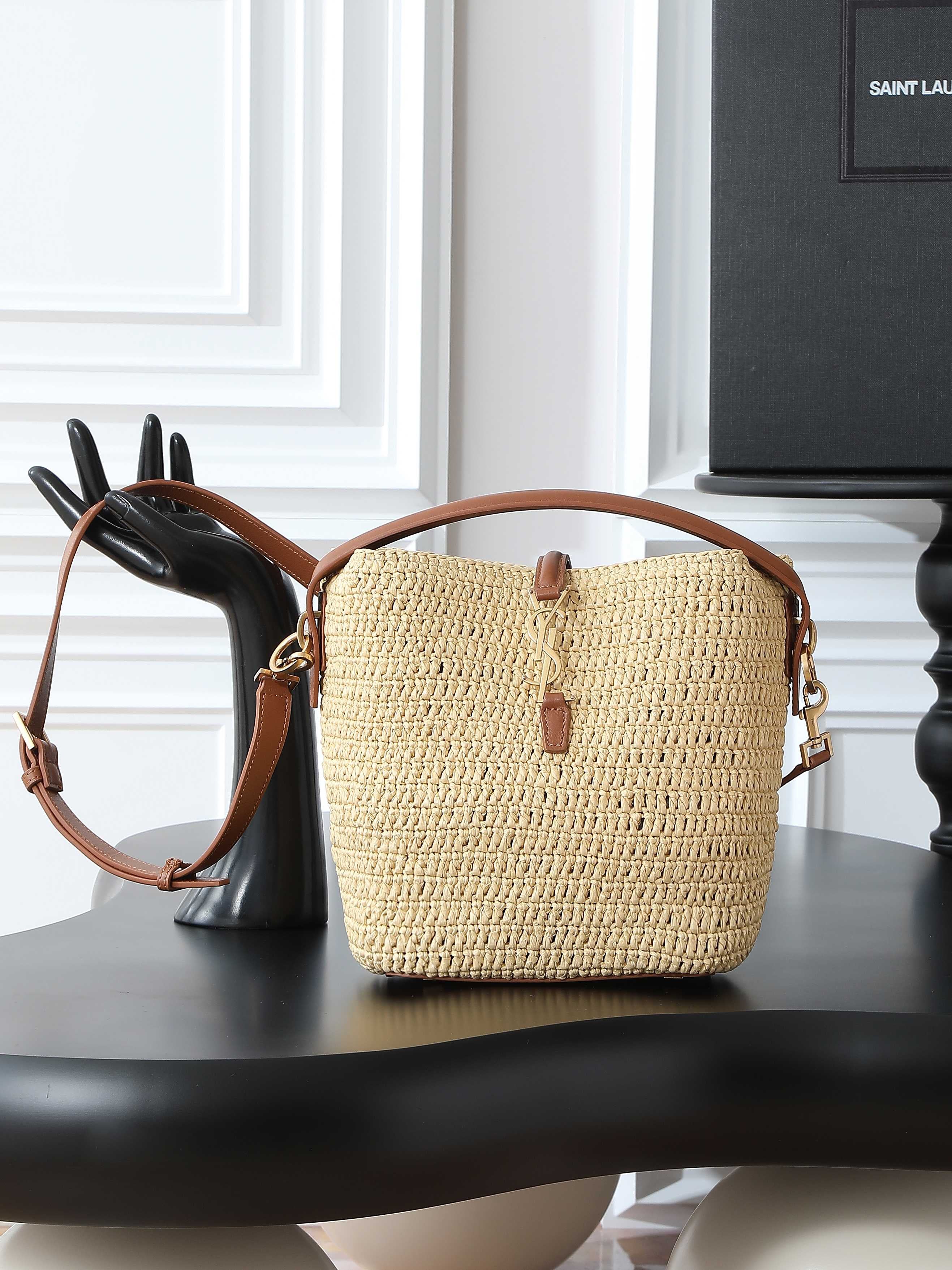 Raffia Woven Bucket Bag | Beige | Calfskin Trim (Premium quality)