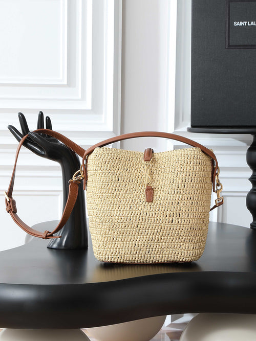 Raffia Woven Bucket Bag | Beige | Calfskin Trim (Premium quality)