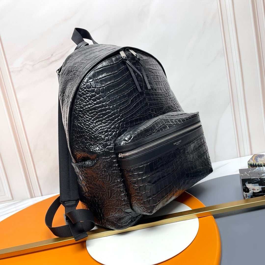 Crocodile-Embossed Leather Backpack