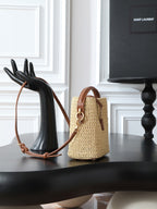 Raffia Woven Bucket Bag | Beige | Calfskin Trim (Premium quality)
