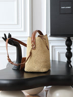 Raffia Woven Bucket Bag | Beige | Calfskin Trim (Premium quality)