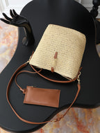Raffia Woven Bucket Bag | Beige | Calfskin Trim (Premium quality)