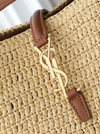 Raffia Woven Bucket Bag | Beige | Calfskin Trim (Premium quality)
