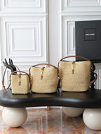 Raffia Woven Bucket Bag | Beige | Calfskin Trim (Premium quality)