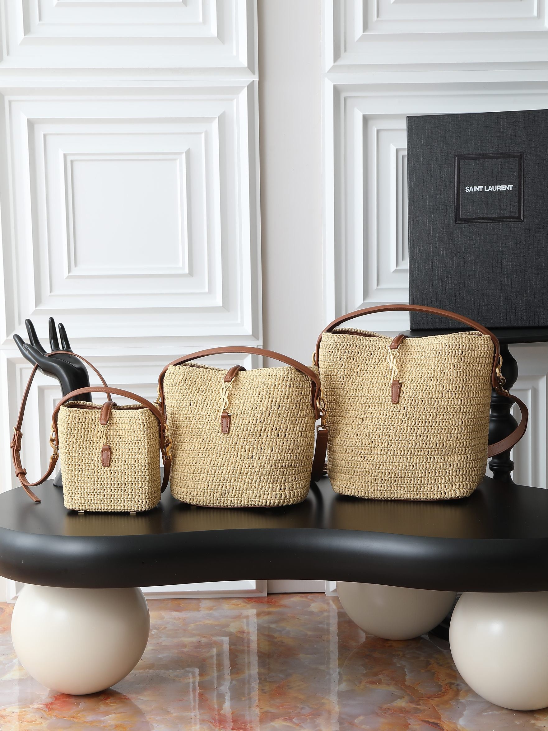 Raffia Woven Bucket Bag | Beige | Calfskin Trim (Premium quality)