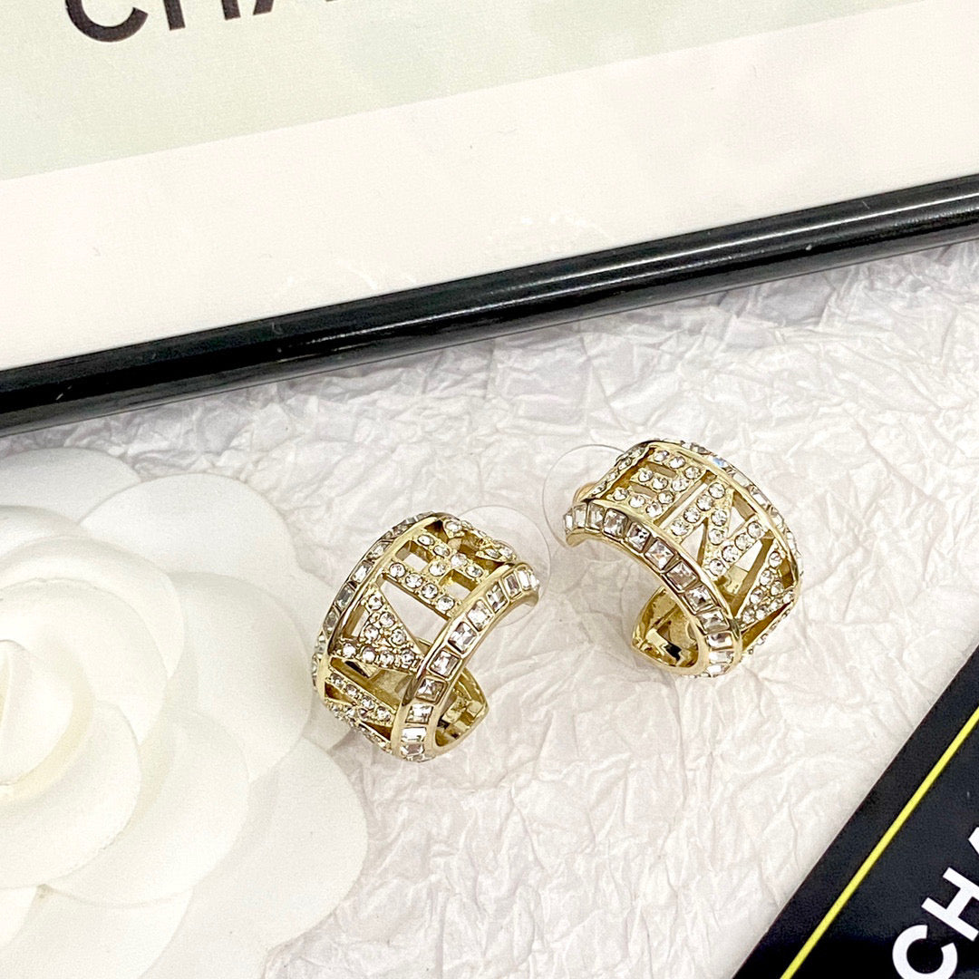 Cha*ne*l 23 Full Diamond Hollow Letter CC Earrings