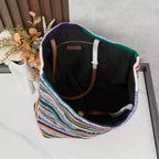 Handwoven Rainbow Embroidered Raffia Tote Bag
