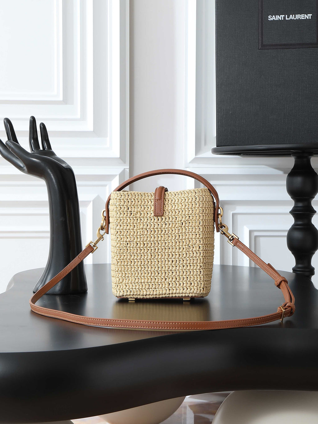 Raffia Woven Bucket Bag | Beige | Calfskin Trim (Premium quality)