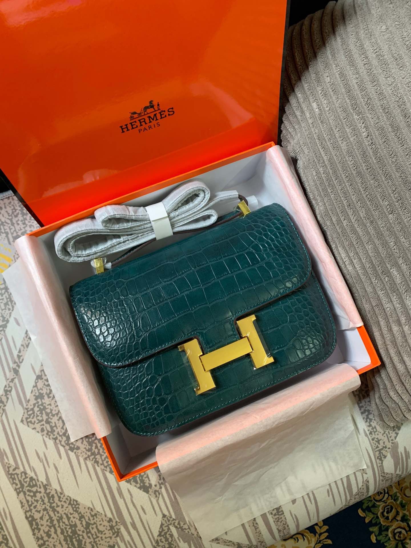 Crocodile-Patterned H*r*m Bag from the Constance Collection