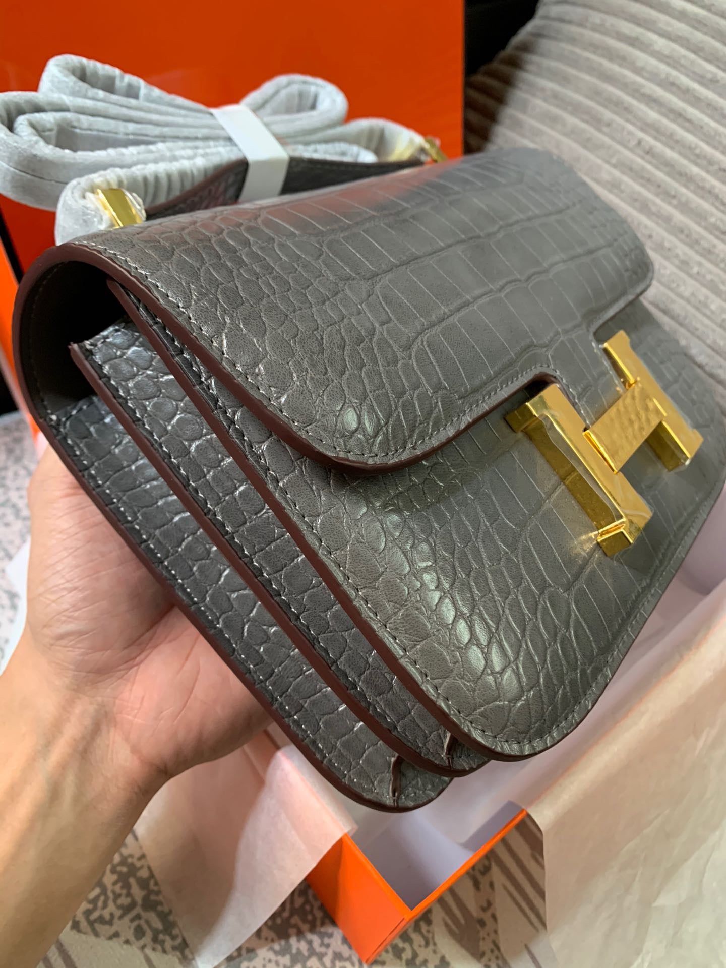 Crocodile-Patterned H*r*m Bag from the Constance Collection