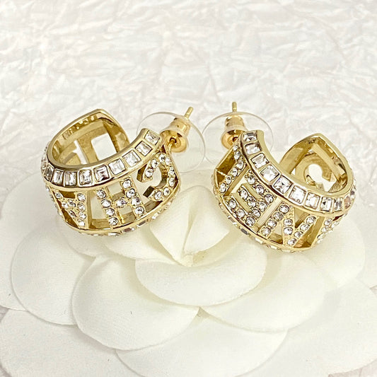 Cha*ne*l 23 Full Diamond Hollow Letter CC Earrings