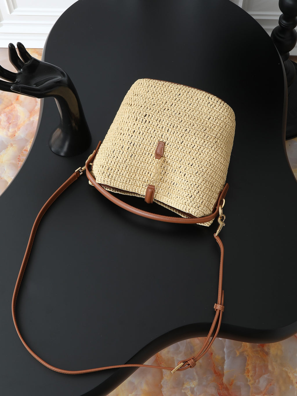 Raffia Woven Bucket Bag | Beige | Calfskin Trim (Premium quality)