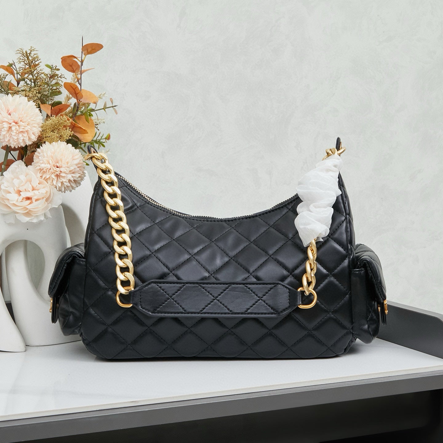 Quilted Leather Multi-Pocket Hobo Bag