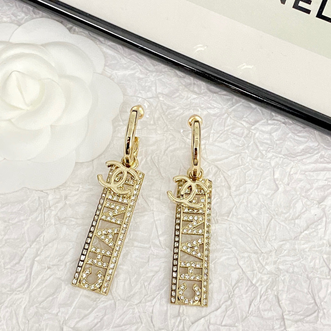 CHA*NE*L 23 Full Diamond Hollow Letter Earrings