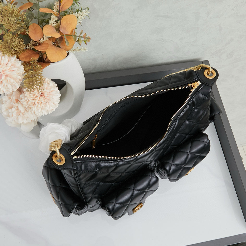 Quilted Leather Multi-Pocket Hobo Bag