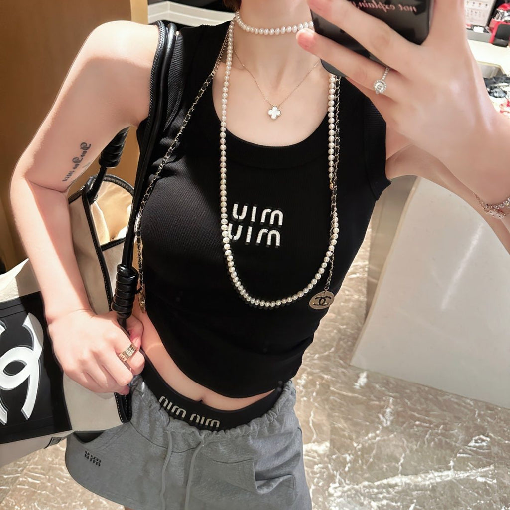 MM Sleeveless Round Neck Tank Top - Embroidered Cropped Camisole