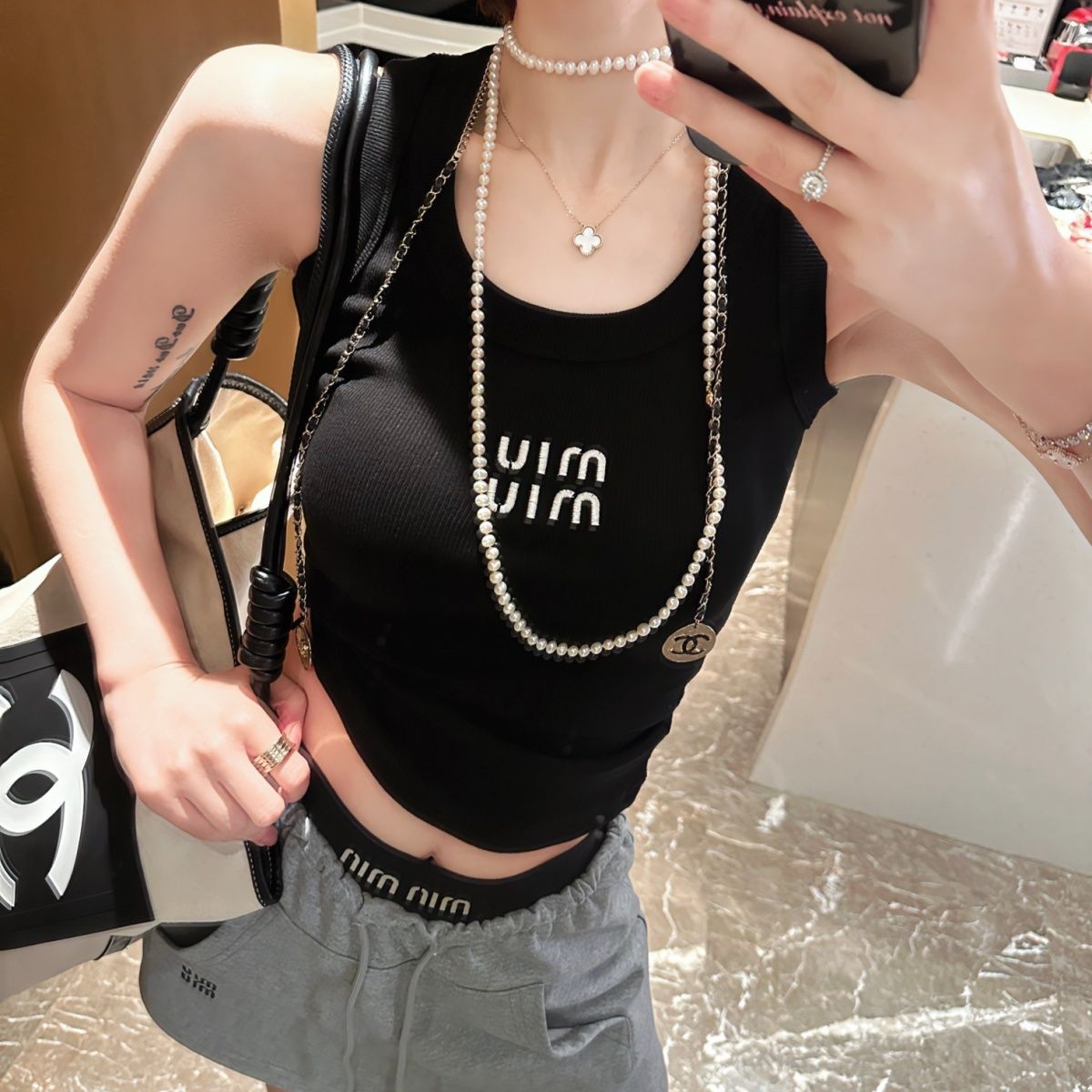 MM Sleeveless Round Neck Tank Top - Embroidered Cropped Camisole