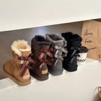 Mid-Calf Shearling Winter Boots with Double Ribbon Bows