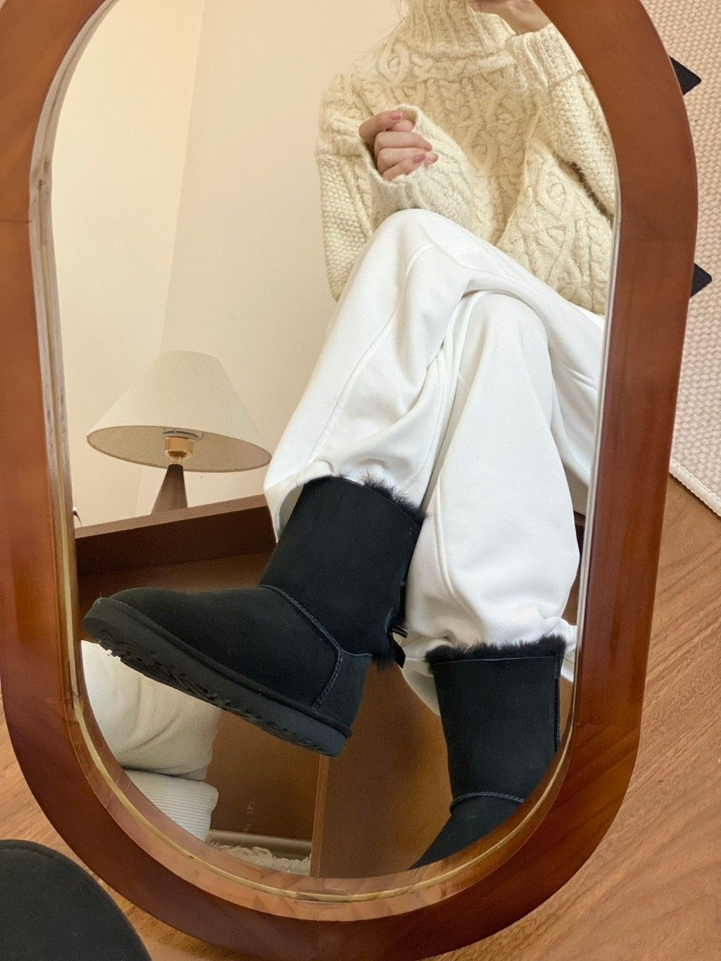 Mid-Calf Shearling Winter Boots with Double Ribbon Bows