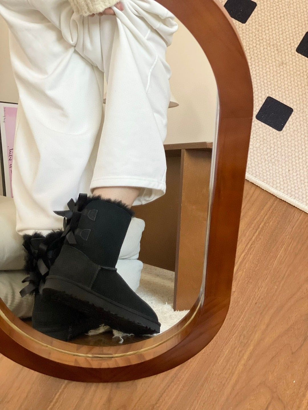 Mid-Calf Shearling Winter Boots with Double Ribbon Bows