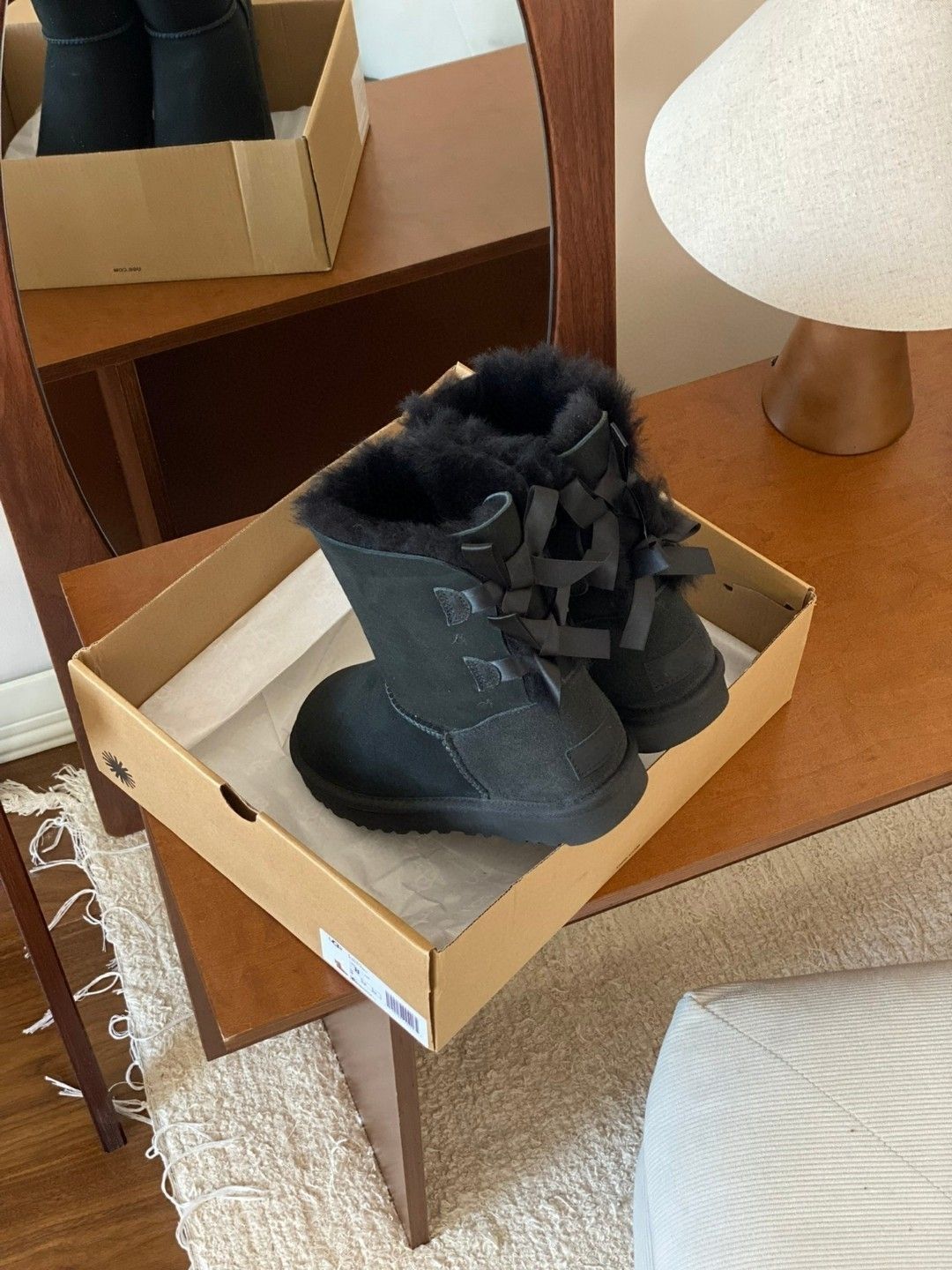 Mid-Calf Shearling Winter Boots with Double Ribbon Bows