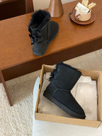 Mid-Calf Shearling Winter Boots with Double Ribbon Bows