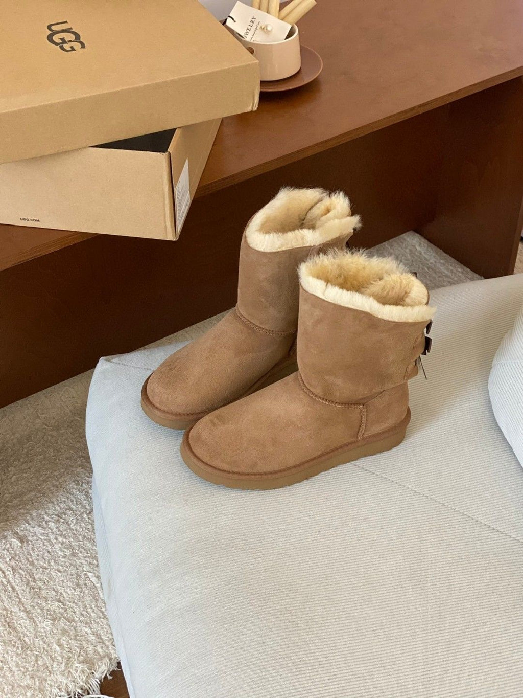 Mid-Calf Shearling Winter Boots with Double Ribbon Bows