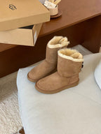 Mid-Calf Shearling Winter Boots with Double Ribbon Bows