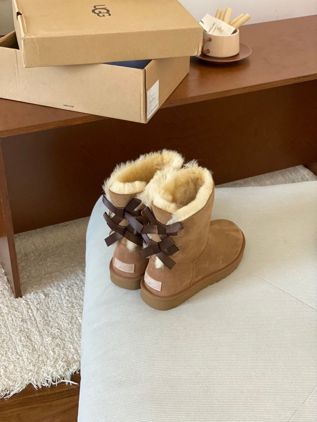 Mid-Calf Shearling Winter Boots with Double Ribbon Bows