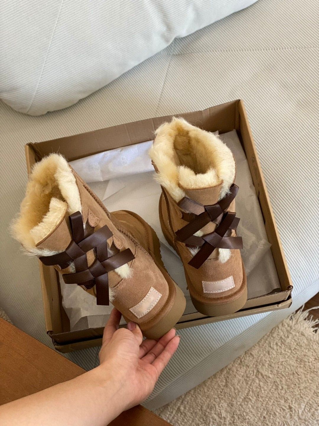 Mid-Calf Shearling Winter Boots with Double Ribbon Bows