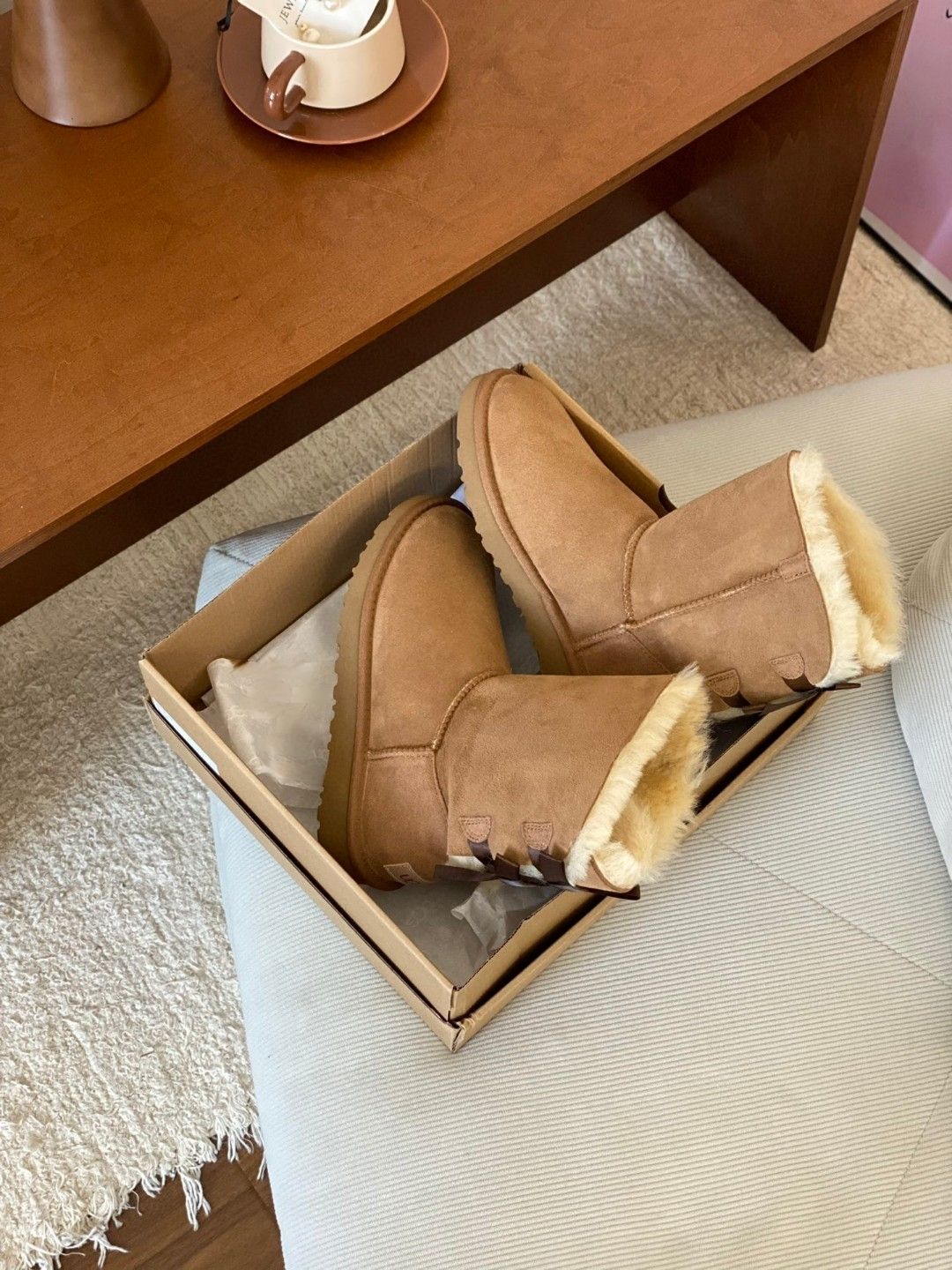 Mid-Calf Shearling Winter Boots with Double Ribbon Bows