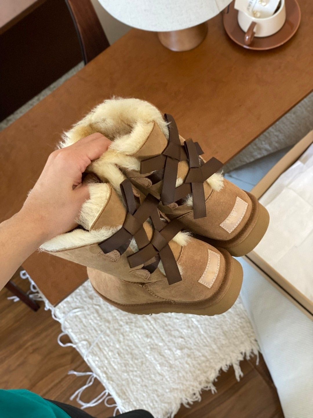 Mid-Calf Shearling Winter Boots with Double Ribbon Bows
