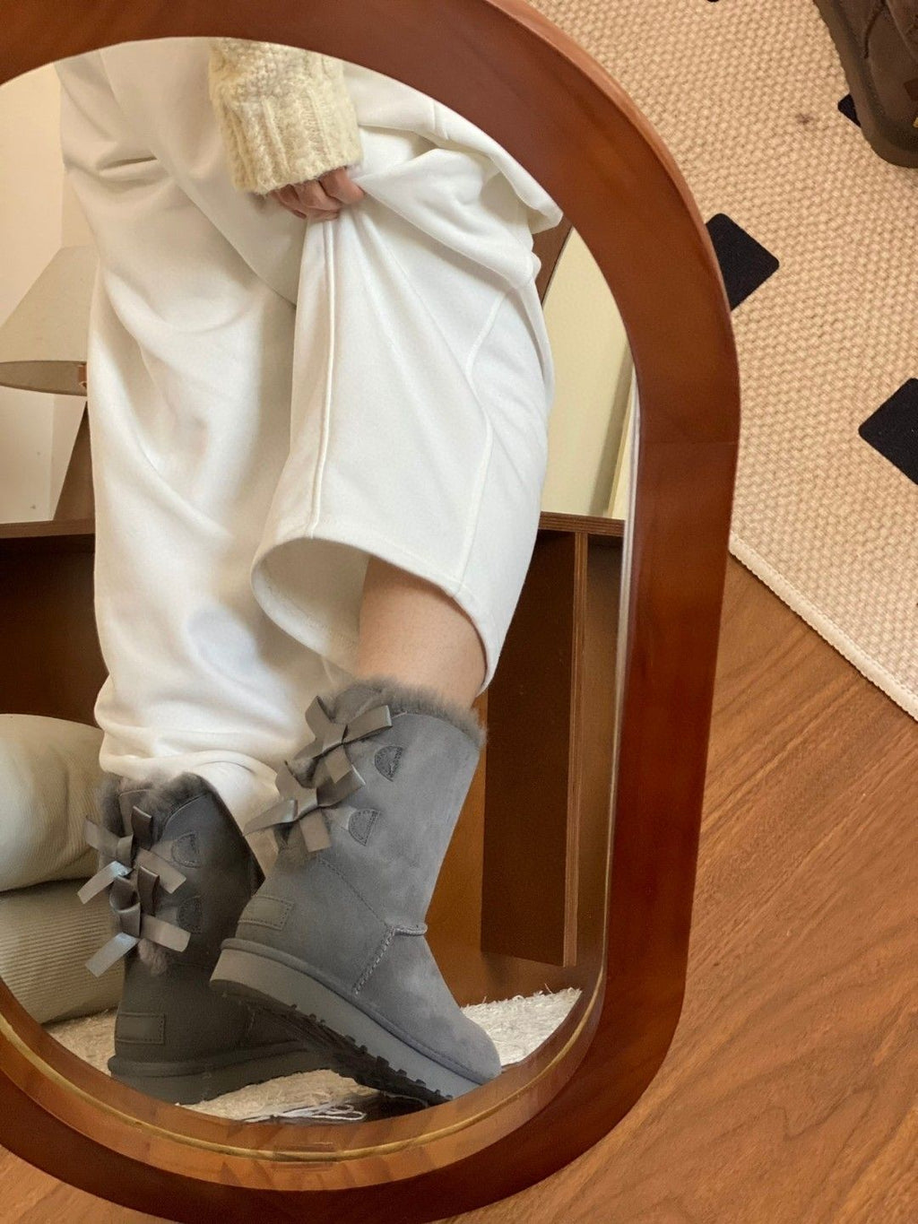 Mid-Calf Shearling Winter Boots with Double Ribbon Bows