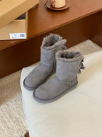Mid-Calf Shearling Winter Boots with Double Ribbon Bows
