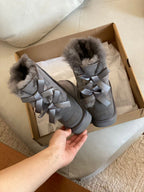 Mid-Calf Shearling Winter Boots with Double Ribbon Bows