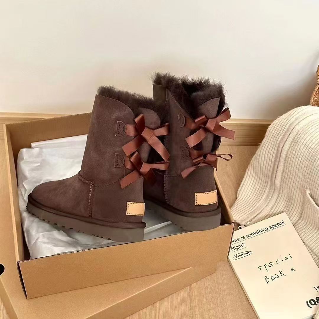 Mid-Calf Shearling Winter Boots with Double Ribbon Bows