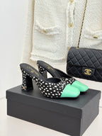 Square-Toe Double-Emblem High-Heel Mules