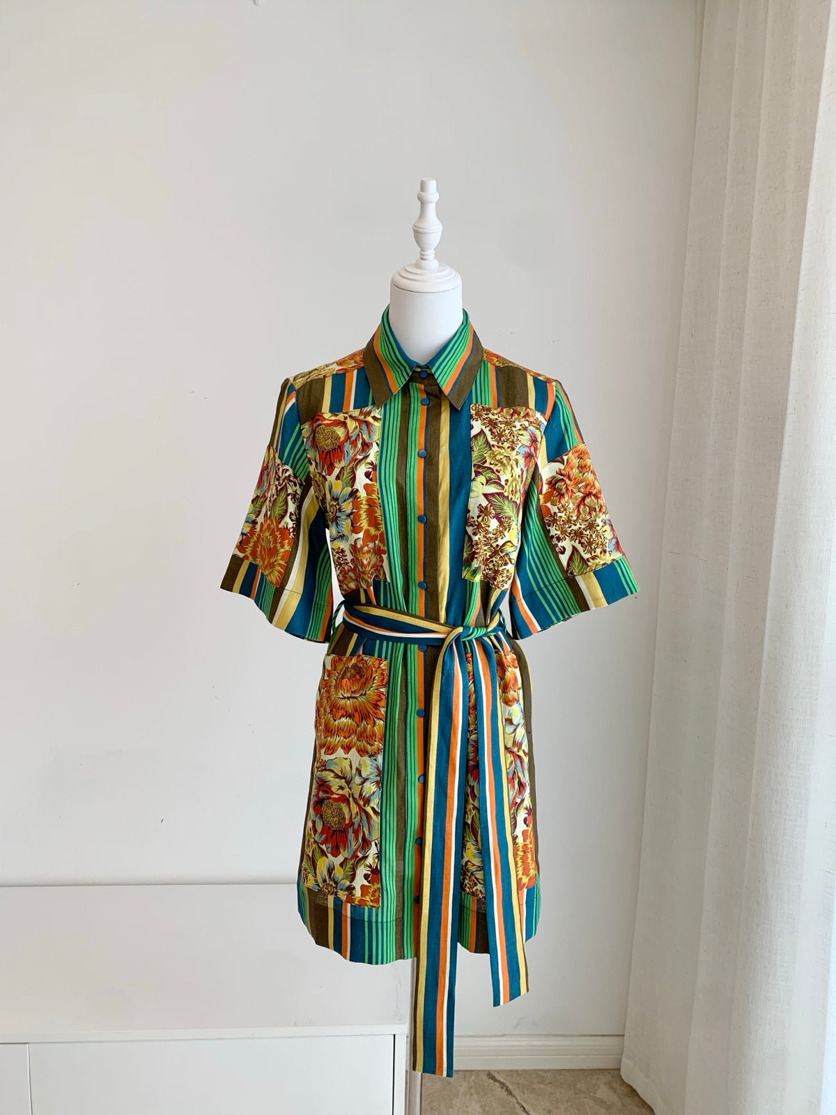 2026 SS Stripe Floral Patchwork Shirt Dress