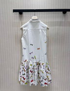 Bow Print Sleeveless Pleated Ruffle Hem Dress
