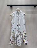 Bow Print Sleeveless Pleated Ruffle Hem Dress