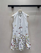 Bow Print Sleeveless Pleated Ruffle Hem Dress