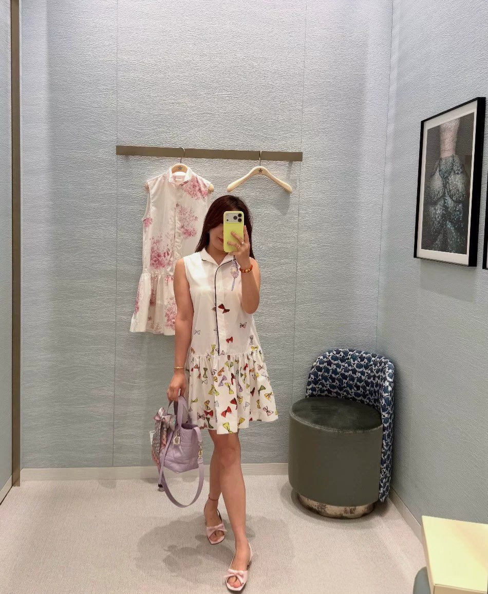 Bow Print Sleeveless Pleated Ruffle Hem Dress