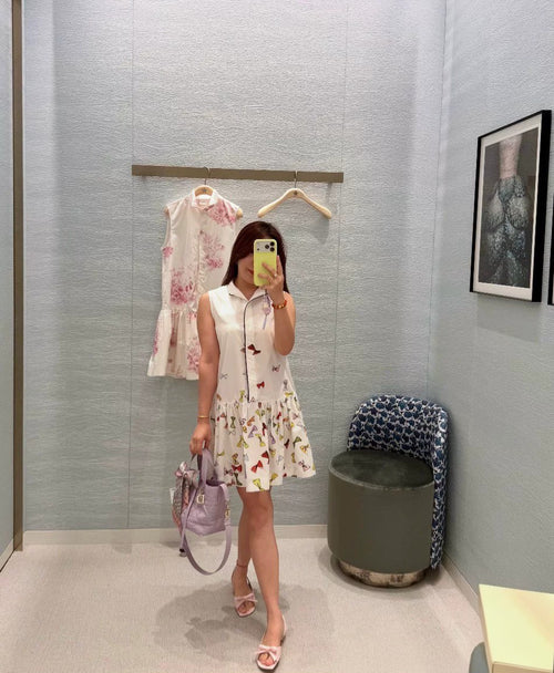 Bow Print Sleeveless Pleated Ruffle Hem Dress