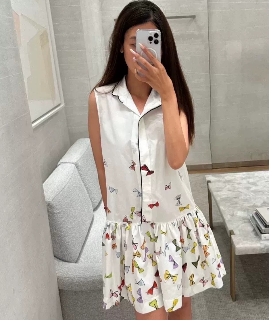 Bow Print Sleeveless Pleated Ruffle Hem Dress